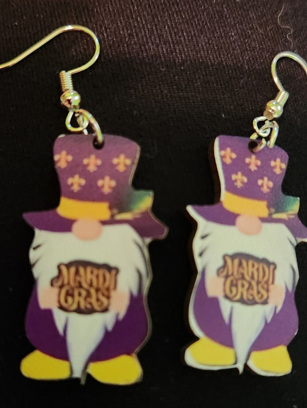 🎉 Mardi Gras Themed Wooden Gnome Earrings